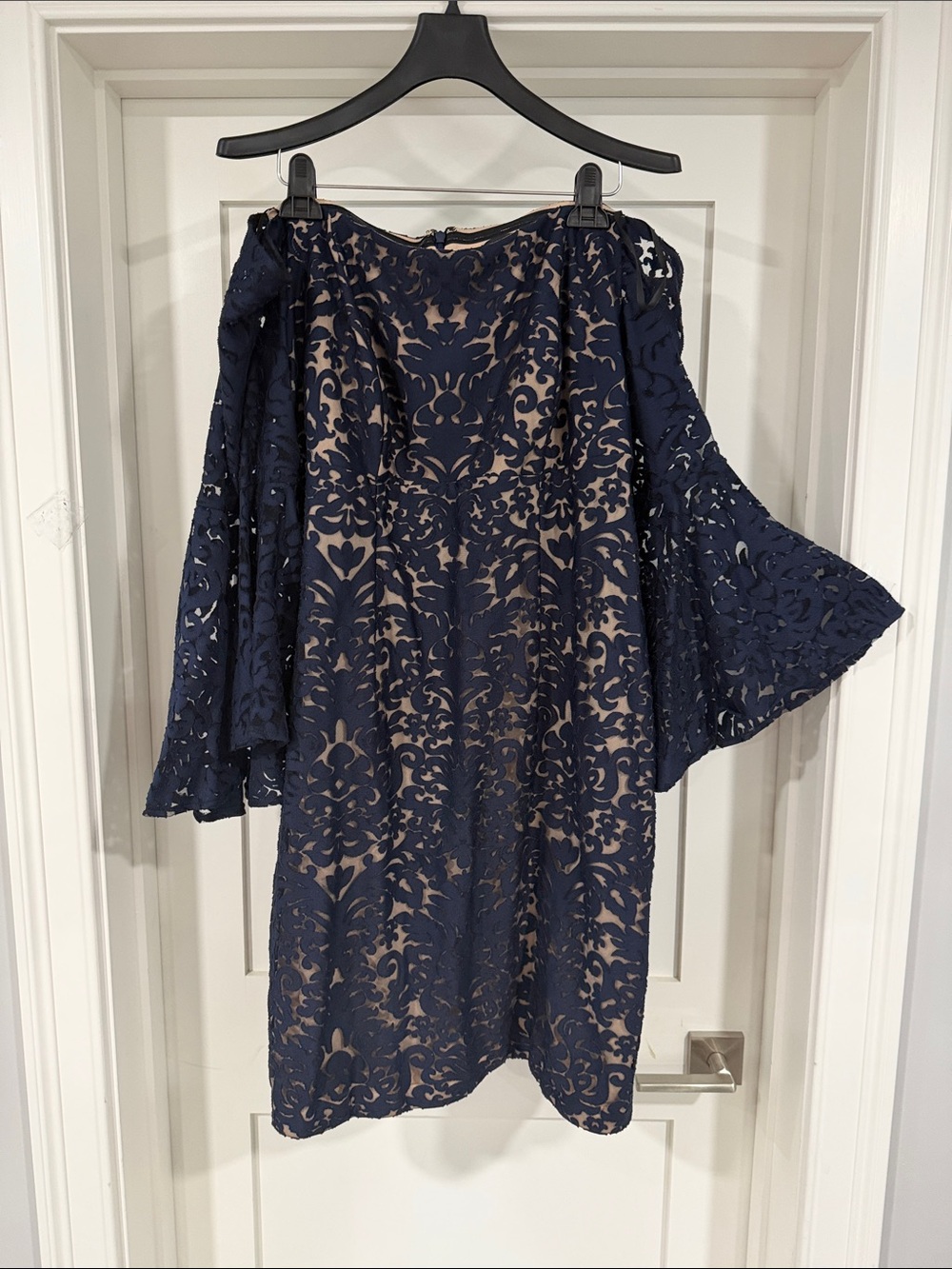 Off-Shoulder Navy Lace Dress with Nude Lining